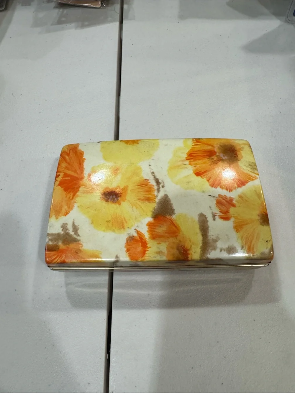 Vintage Velvet Ring Display Box with Flowers on it - Yellow/Gold